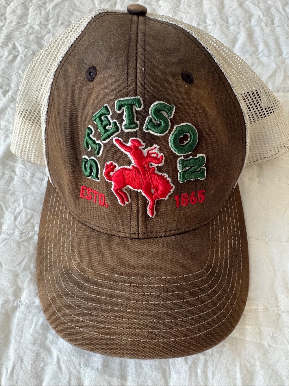Stetson Brown & Cream Mesh Trucker Hat with Red and Green Embroidery